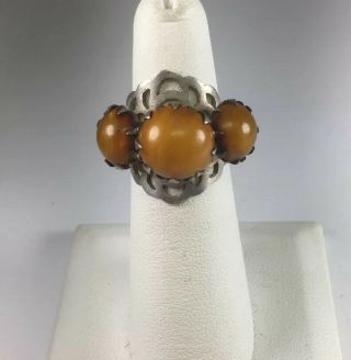 Antique Sterling Silver Egg Yolk Butterscotch Baltic Amber Ring Size 5.  5