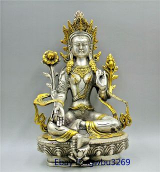 Buddhism Tibet Silver Gilded Hand Carved Green Tara Bodhisattva Statue