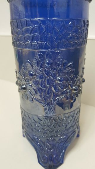 Vintage Fenton Blue Carnival Glass 6 1/2 " Tall Hatpin Holder Orange Tree Pattern