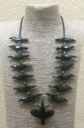 Hand Carved Black Jet Raven Bird Fetish Necklace