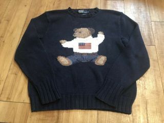 Vintage Polo Ralph Lauren Size S Bear Flag Cotton Hand Knit Sweater Crew Navy