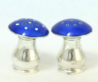 Sterling Silver Blue Enameled Mushroom Top Salt And Pepper Shaker Set Norway