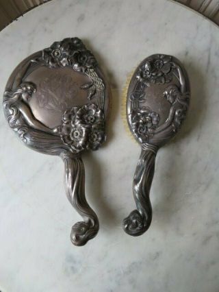 Exquisite Set Old Sterling Silver Brush & Hand Mirror Woman Flowers Art Nouveau