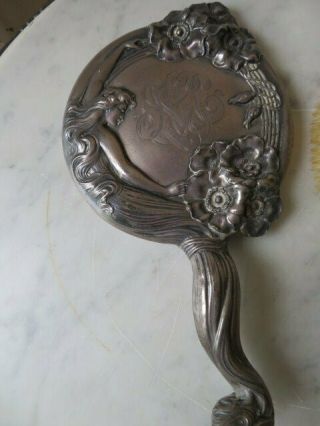 EXQUISITE Set Old Sterling Silver BRUSH & HAND MIRROR Woman Flowers Art Nouveau 2