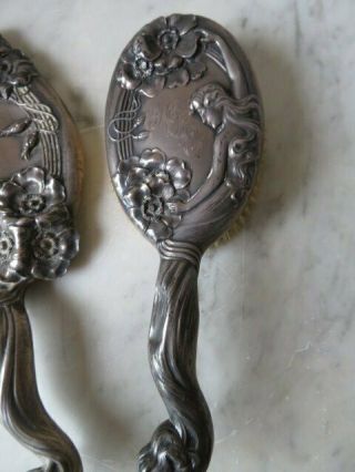 EXQUISITE Set Old Sterling Silver BRUSH & HAND MIRROR Woman Flowers Art Nouveau 3