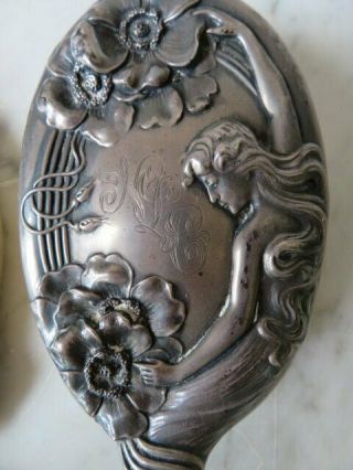 EXQUISITE Set Old Sterling Silver BRUSH & HAND MIRROR Woman Flowers Art Nouveau 4