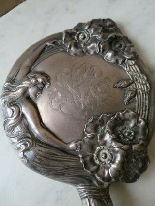 EXQUISITE Set Old Sterling Silver BRUSH & HAND MIRROR Woman Flowers Art Nouveau 5