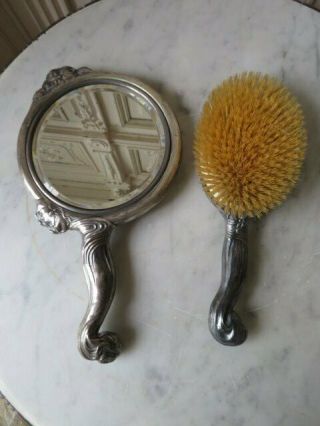 EXQUISITE Set Old Sterling Silver BRUSH & HAND MIRROR Woman Flowers Art Nouveau 8