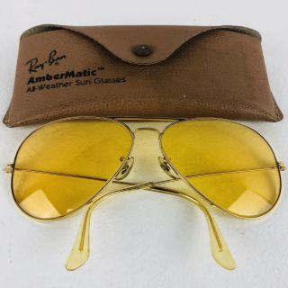 Vintage Ray Ban Ambermatic Shooter Aviator Sunglasses W/ Case 70s Bausch & Lomb
