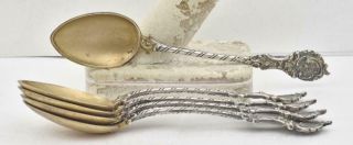 Antique 800 Silver Set Of 6 Sterling Silver Gold Wash Bowl Cast Demitasse Spoons