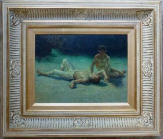 Nude Males On Beach Oil Painting In Large Gilt Frame Erotic Nudes Coast 2