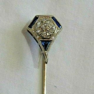 Antique 14k White Gold Stick Pin With Diamonds & Sapphires