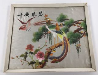 Vintage Antique Framed Silk Embroidery Oriental Asian Bird Art