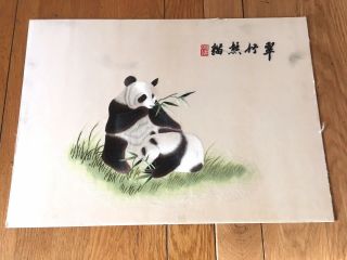 Vintage Chinese Silk Canvas Embroidered Picture Pandas Bamboo Asian 19 " X13 1/2 "