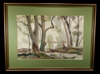Vintage Jade Fon Watercolor Painting California Fishing By Lake Landscape Trees