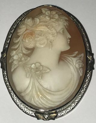 Antique Carved Shell Cameo White 14kt Gold Brooch Pendant Large 2”