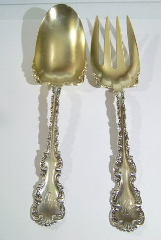 Whiting Louis Xv Sterling Salad Serving Fork & Spoon Set Gold Wash & Monograms