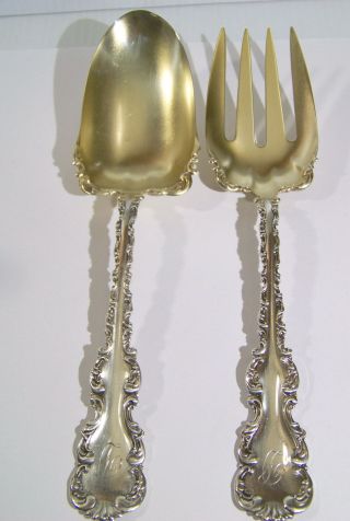 Whiting Louis XV Sterling Salad Serving Fork & Spoon Set gold wash & monograms 2