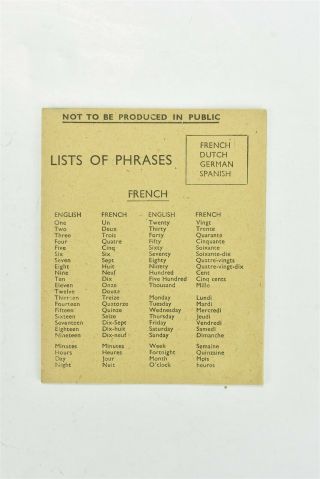 Antique WWII LIST of PHRASES BOOKLET 4 LANGUAGES ENGLISH to DUTCH FRENCH 07815 3