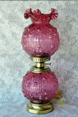 Fenton Cranberry Glass Cabbage Rose Pattern Vintage Gone With The Wind Lamp