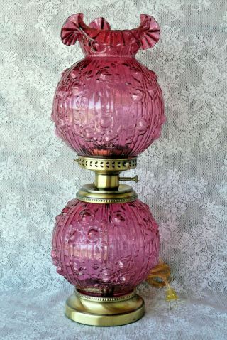 Fenton Cranberry Glass Cabbage Rose Pattern Vintage Gone With The Wind Lamp 2