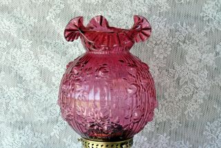 Fenton Cranberry Glass Cabbage Rose Pattern Vintage Gone With The Wind Lamp 3