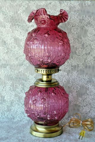 Fenton Cranberry Glass Cabbage Rose Pattern Vintage Gone With The Wind Lamp 8