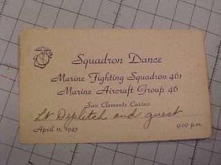 Wwii Usmc Vmf - 461 Squadron Dance Invite Card - 1945