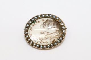 A Fine Antique Georgian 9ct Gold Mourning Hairwork Pearl Sepia Brooch 13010