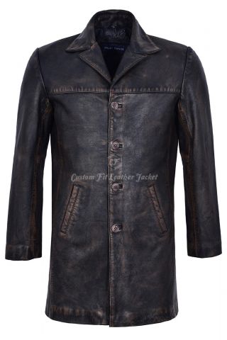 Mens Real Leather Coat Black Bronze Knee Length Classic Long Blazer Coat 3476 - B