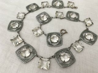 Vintage Antique Art Deco Lace Filagree Crystal Paste Open Back Silver Necklace