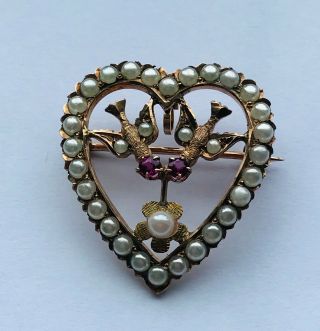 Romantic 10k Victorian Seed Pearl Heart Brooch/ Pendant 2 Doves W/ Rubies 3.  8gr