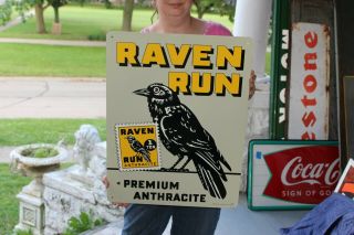 Rare Vintage 1954 Raven Run Coal Gas Oil 24 " Embossed Metal Sign