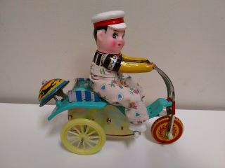 Vintage Windup Tin Toy Ice Cream Man,  Bike,  Made In China