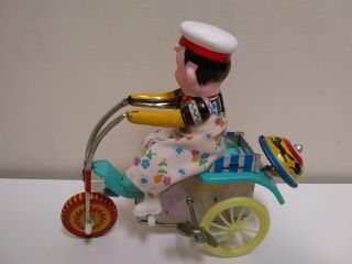 Vintage Windup Tin Toy Ice Cream Man,  Bike,  Made In China 5