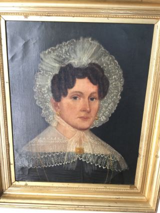 Antique Portrait Oil Painting Of Woman With Lace Hat And Gold Brooch