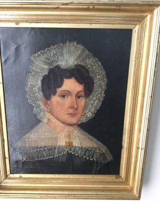 Antique Portrait Oil Painting of Woman With Lace Hat and Gold Brooch 2
