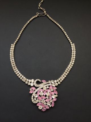 Vintage Unsigned Mitchel Maer Pink Glass Clear Rhinestone Necklace