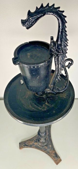 Antique Cast Iron Dragon Ashtray Smoking Stand Gothic