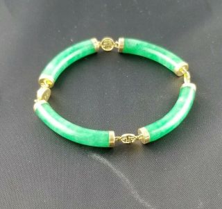 14k 585 Yellow Gold Green Jade Asian Bracelet Oriental Chinese 6 1/2 - 16 Grams