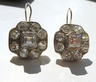 Antique Art Deco / Edwardian Era Silver And Crystal Paste Earrings