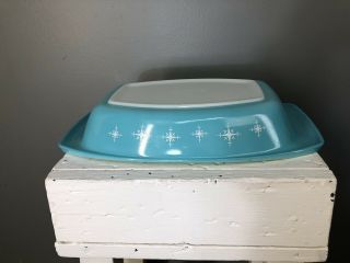 Vtg 60s Turquoise Pyrex Atomic Compass Star 1.  5 Qt MidCentury Oval Casserole Lid 3
