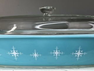 Vtg 60s Turquoise Pyrex Atomic Compass Star 1.  5 Qt MidCentury Oval Casserole Lid 8