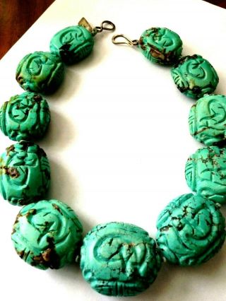 Rebecca Collins Bold Chunky Carved Turquoise Necklace Rare Vtg.  Piece Fab