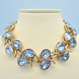 Vintage Necklace Heavy 1960s Blue Pear Cut Crystal Goldtone Bridal Jewellery