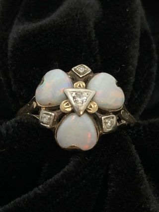 Antique Victorian 10k Yellow Gold Precious Opal Diamond Gem Ornate Ring Size 8