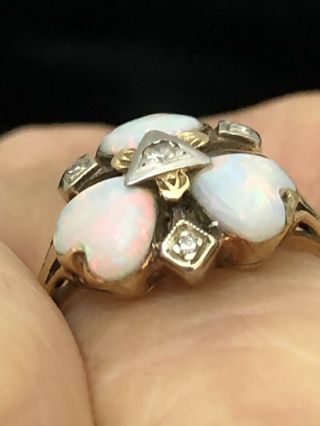 Antique Victorian 10K Yellow Gold Precious Opal Diamond Gem Ornate Ring Size 8 4