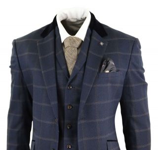 Mens Herringbone Tweed Navy Blue Check 3 Piece Vintage Suit Peaky Blinders Tan