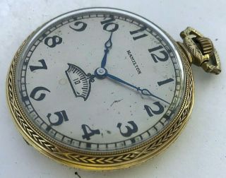 Antique 14 Karat Gold fi.  1929 Hamilton winding pocket watch cal.  912,  jump hour 2