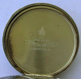 Antique 14 Karat Gold fi.  1929 Hamilton winding pocket watch cal.  912,  jump hour 6